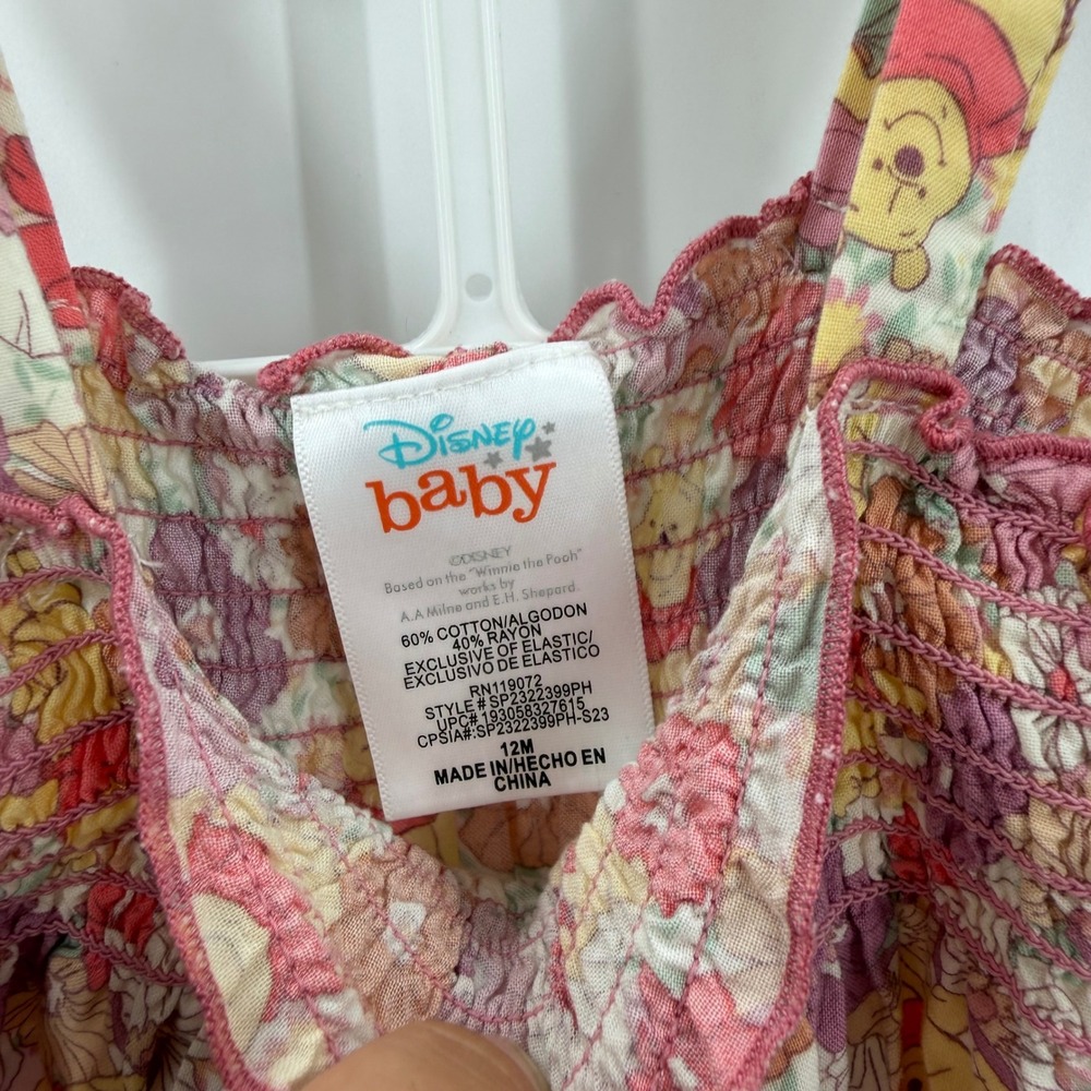 Disney Baby Winnie the Pooh Floral Smocked Romper 12M Tie Strap Bubble Jumpsuit - Picture 4 of 7